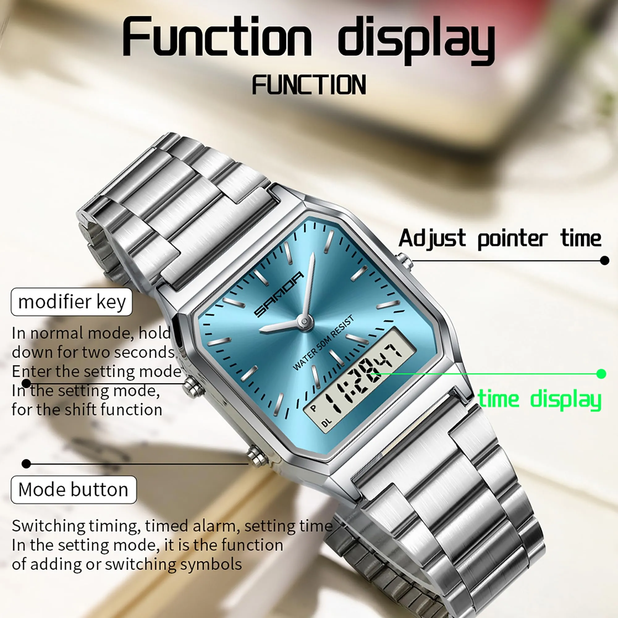 Findtime Analogue Digital Watch for Women Men 5ATM Waterproof Watch Stopwatch Alarm Wrist Watch Stainless Steel Business Silver Watch LED Backlight Casual Ladies Watch