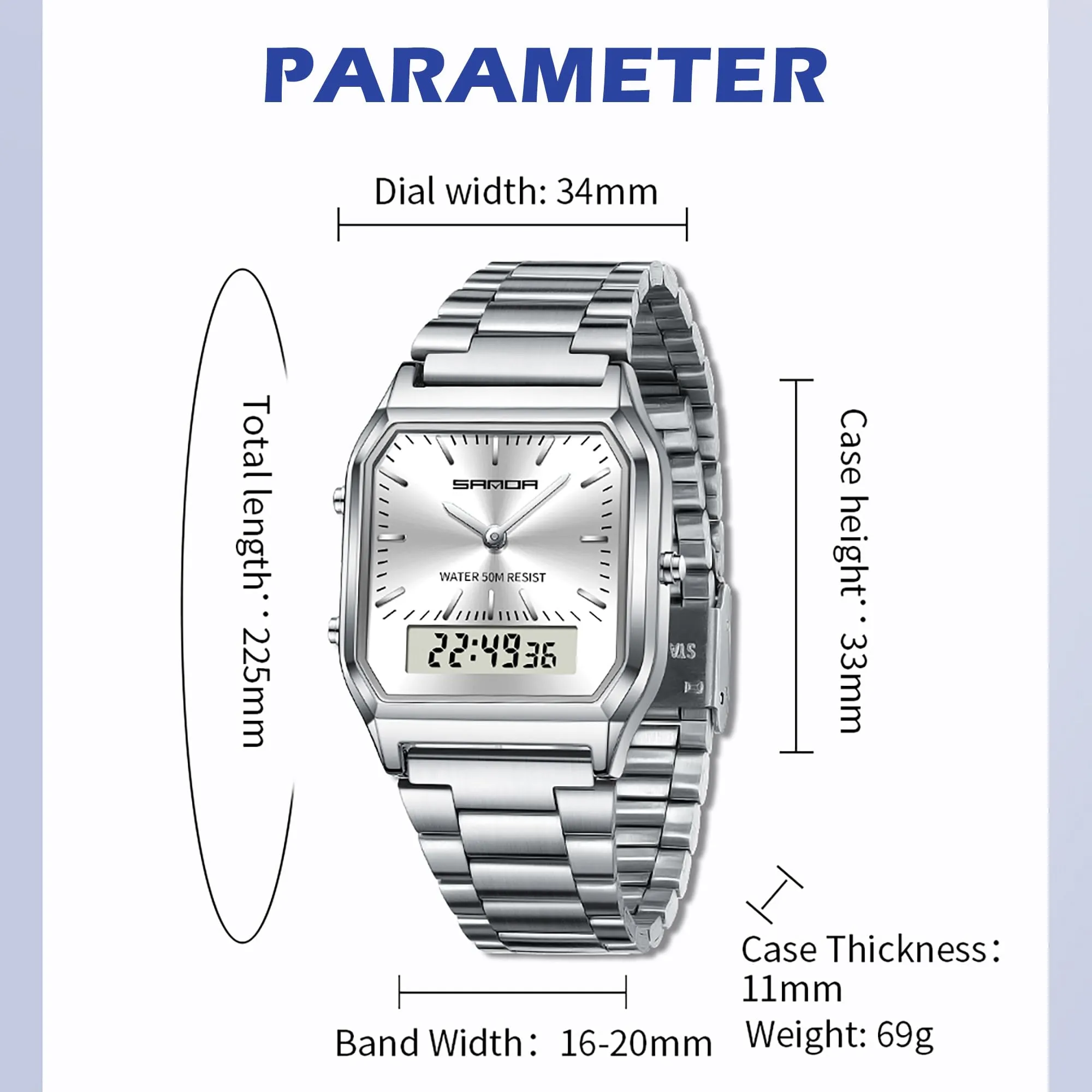 Findtime Analogue Digital Watch for Women Men 5ATM Waterproof Watch Stopwatch Alarm Wrist Watch Stainless Steel Business Silver Watch LED Backlight Casual Ladies Watch