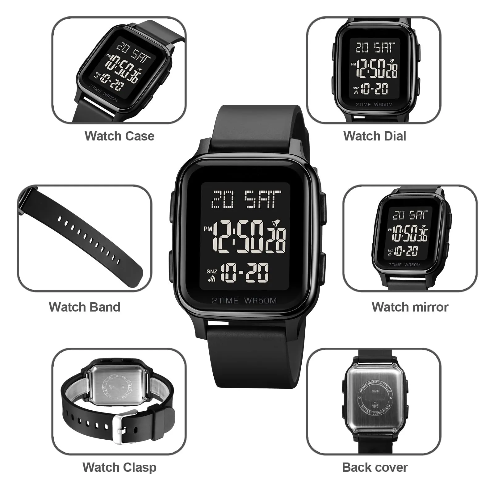 Findtime LED Digital Watch Mens Womens Black Rectangle Square Face Big Numbers Dial Unisex Watches Sports Waterproof Dual Time Stopwatch Fashion Simple Wristwatch