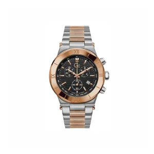 Gc Men's Tachymetre Watch Two-Tone Silver/Rose Gold Plated Steel Case & Bracelet With Black Dial