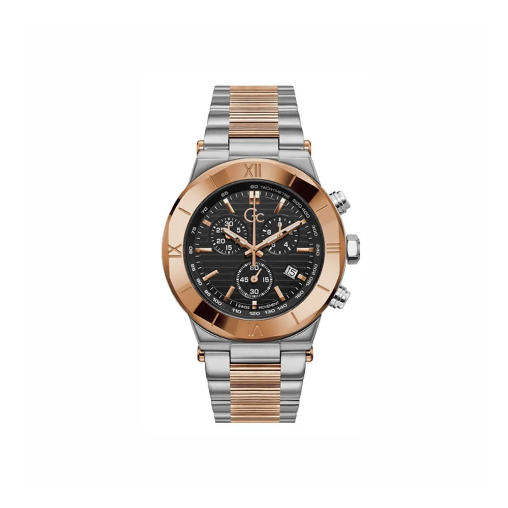 Gc Men's Tachymetre Watch Two-Tone Silver/Rose Gold Plated Steel Case & Bracelet With Black Dial