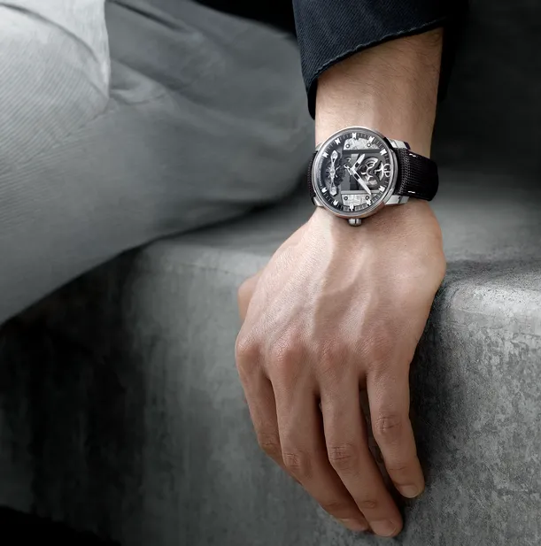 Girard-Perregaux Free Bridge Meteorite 44mm Watch with Black Leather Strap