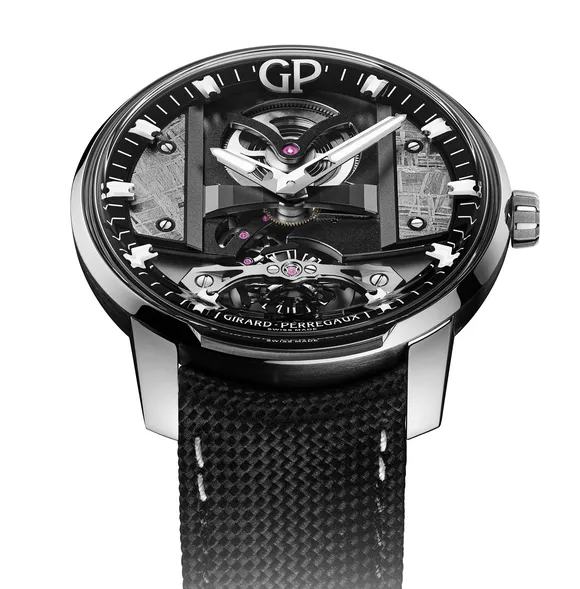 Girard-Perregaux Free Bridge Meteorite 44mm Watch with Black Leather Strap