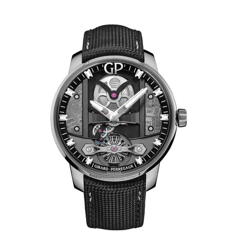 Girard-Perregaux Free Bridge Meteorite 44mm Watch with Black Leather Strap