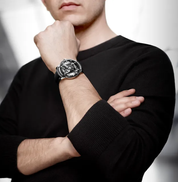 Girard-Perregaux Free Bridge Meteorite 44mm Watch with Black Leather Strap