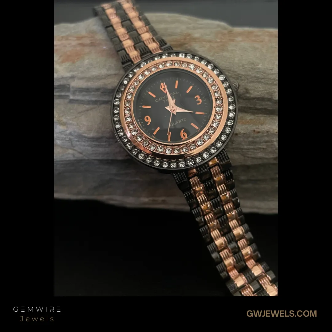 Glamorous Black & Gold Round Watch with Crystal Accents