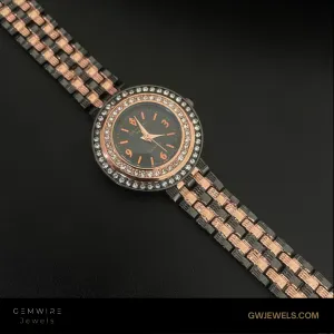 Glamorous Black & Gold Round Watch with Crystal Accents