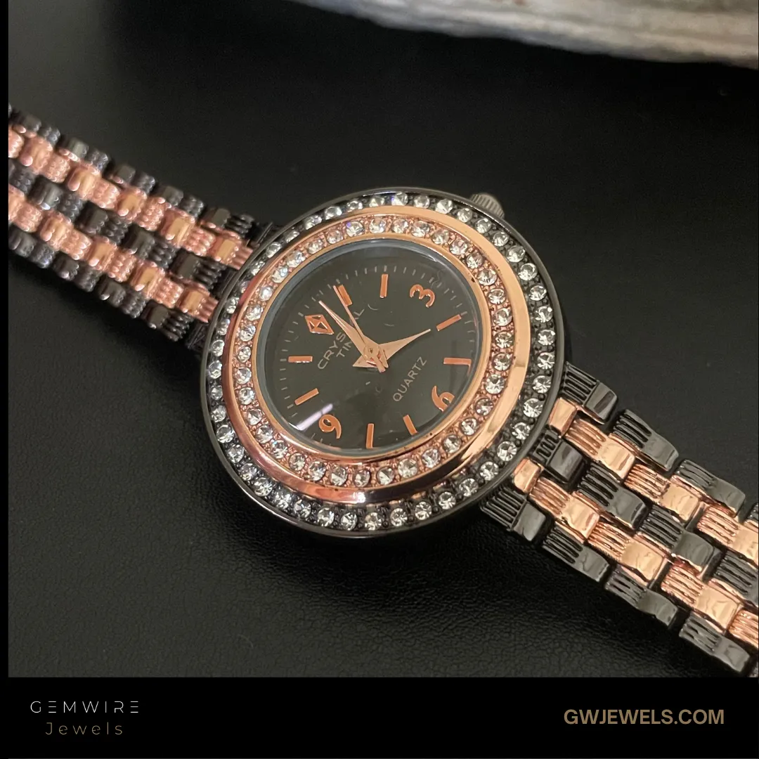 Glamorous Black & Gold Round Watch with Crystal Accents