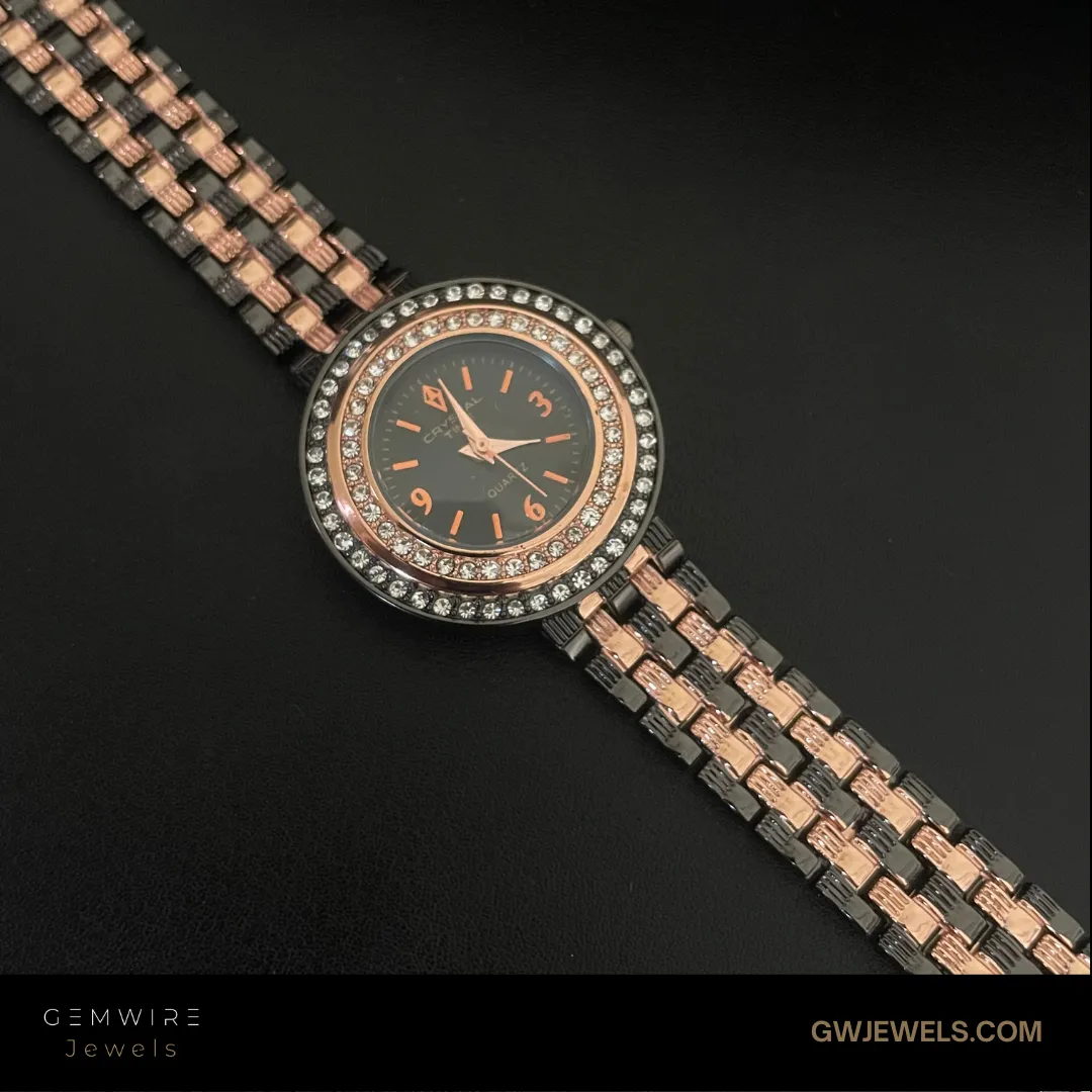 Glamorous Black & Gold Round Watch with Crystal Accents