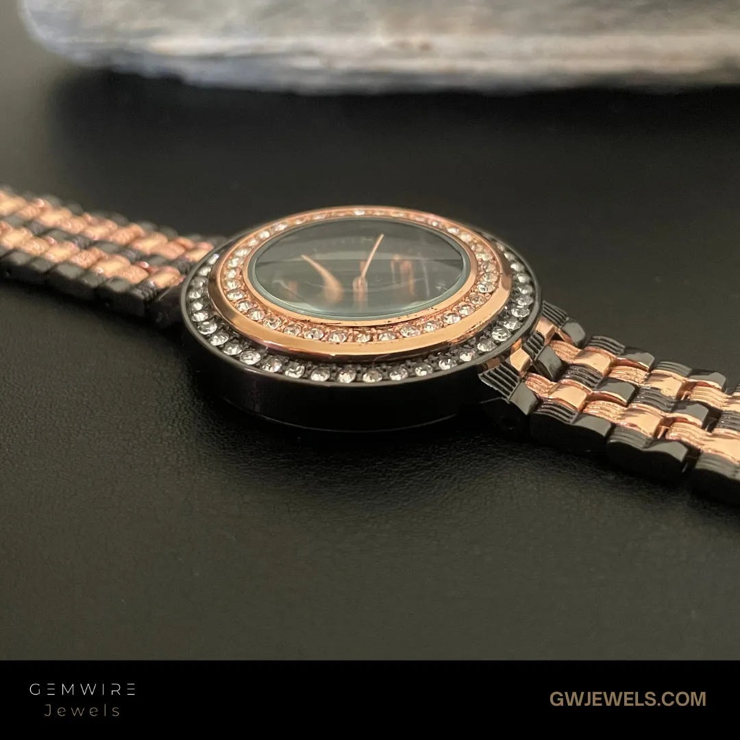 Glamorous Black & Gold Round Watch with Crystal Accents