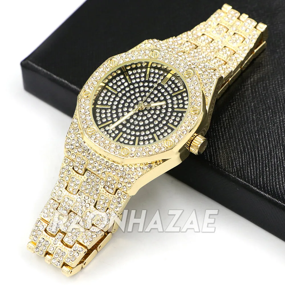 Hip Hop Iced Raonhazae Lab Diamond Drake Watch and 12mm Cuban Link Bracelet Set