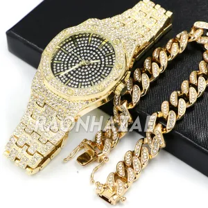 Hip Hop Iced Raonhazae Lab Diamond Drake Watch and 12mm Cuban Link Bracelet Set