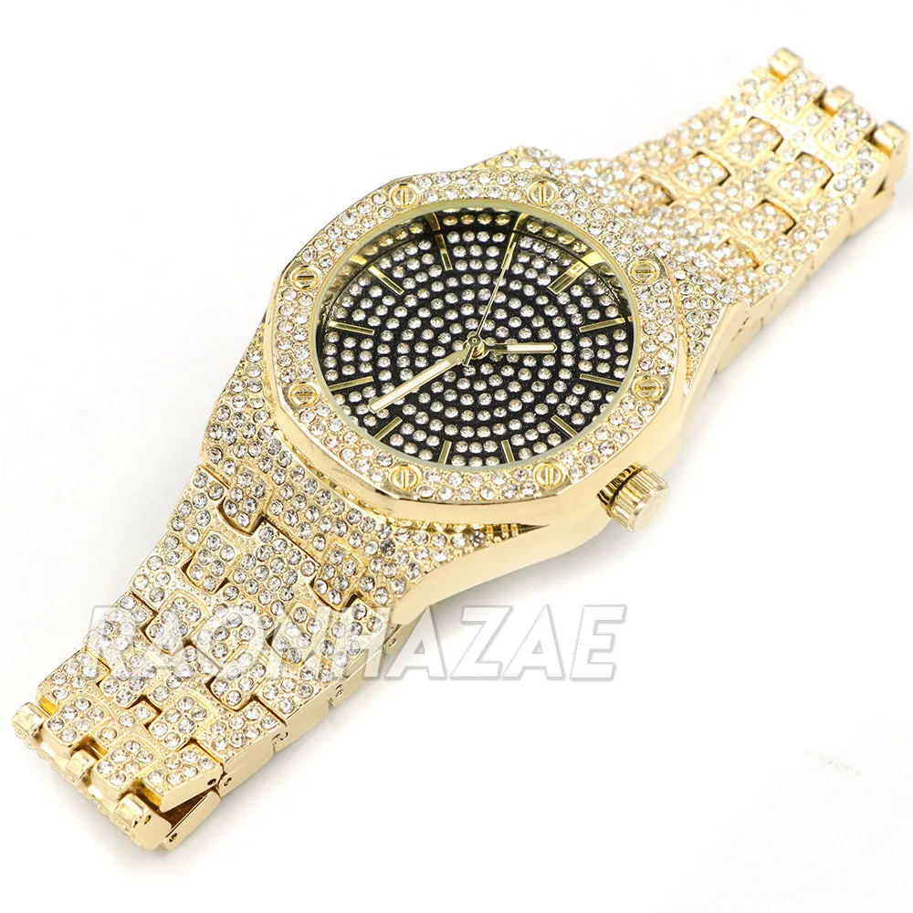 Hip Hop Iced Raonhazae Lab Diamond Drake Watch and 12mm Cuban Link Bracelet Set
