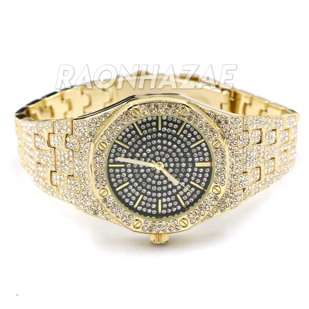 Hip Hop Iced Raonhazae Lab Diamond Drake Watch and 12mm Cuban Link Bracelet Set