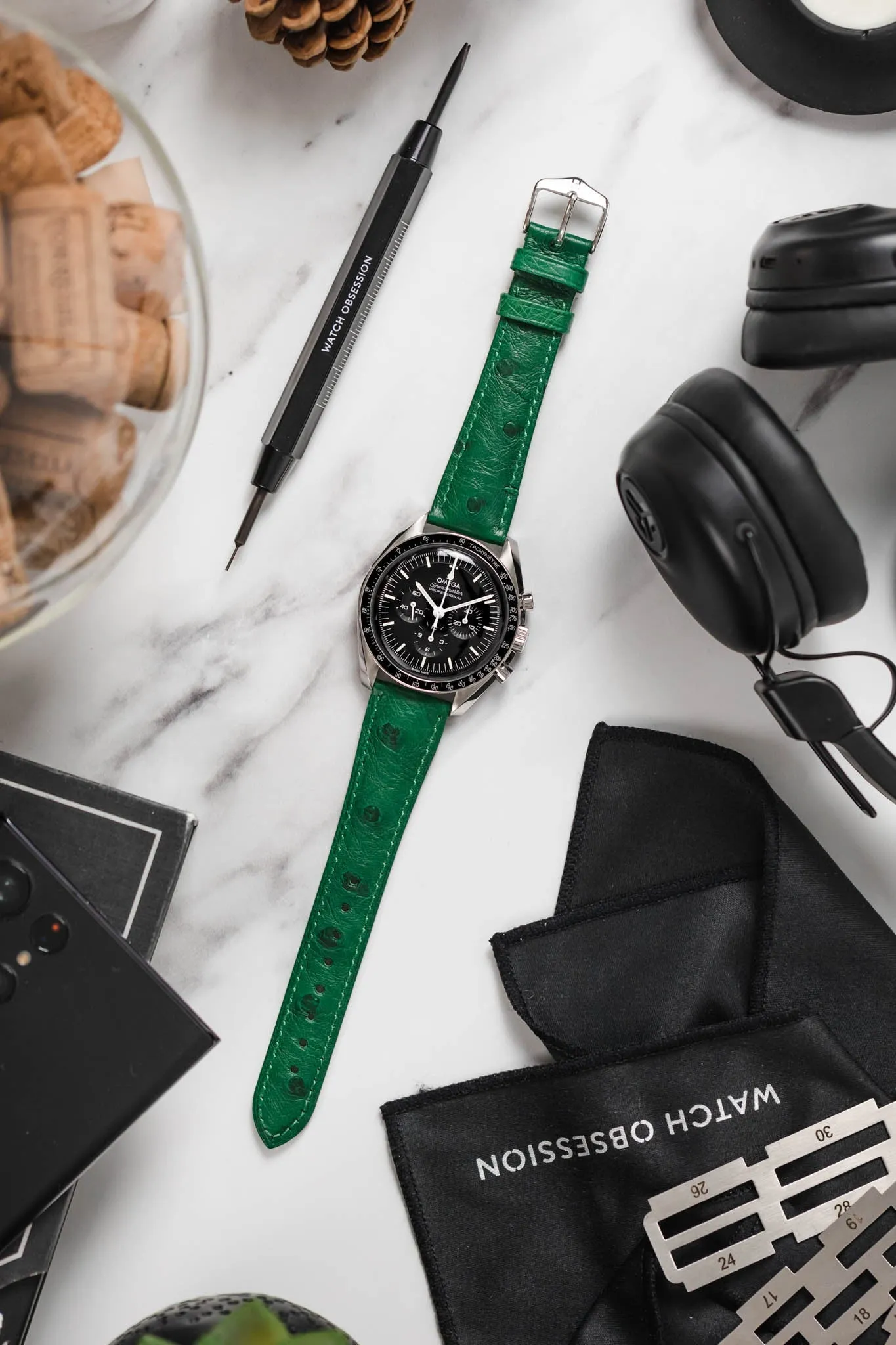 Hirsch MASSAI OSTRICH Leather Watch Strap in GREEN