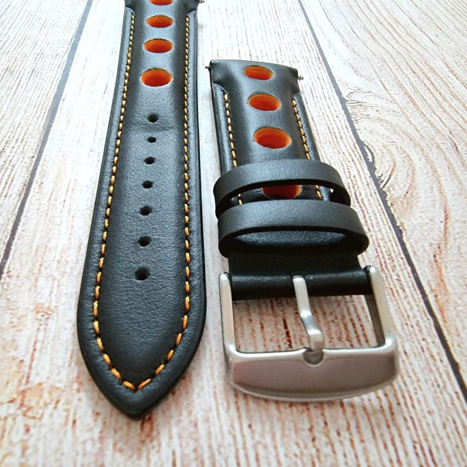 Hole Punched Premium Leather Watch Strap Band 18mm 20mm 22mm 24mm Black Orange