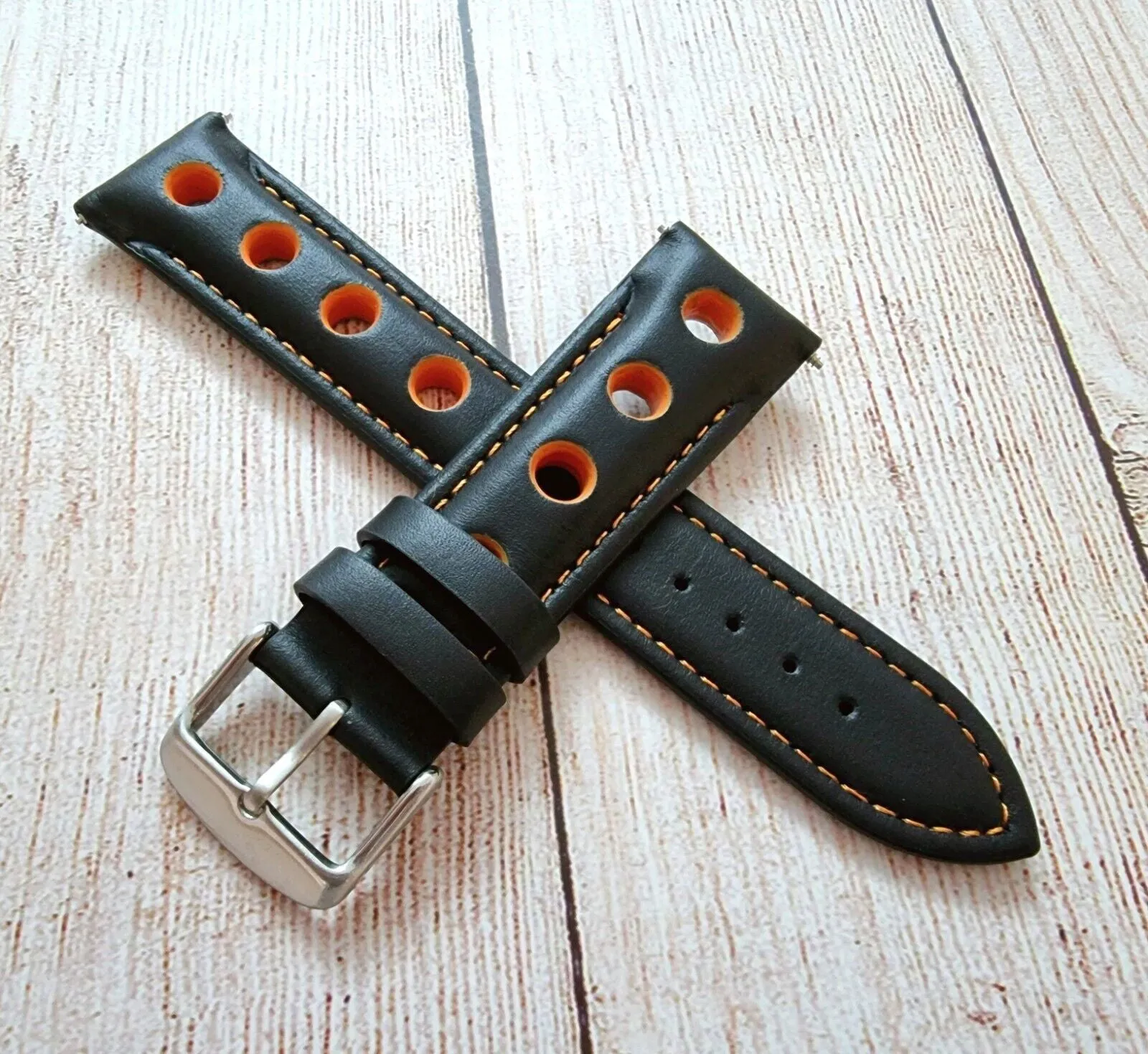 Hole Punched Premium Leather Watch Strap Band 18mm 20mm 22mm 24mm Black Orange