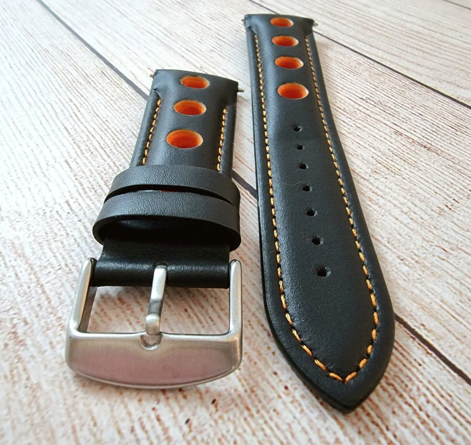 Hole Punched Premium Leather Watch Strap Band 18mm 20mm 22mm 24mm Black Orange