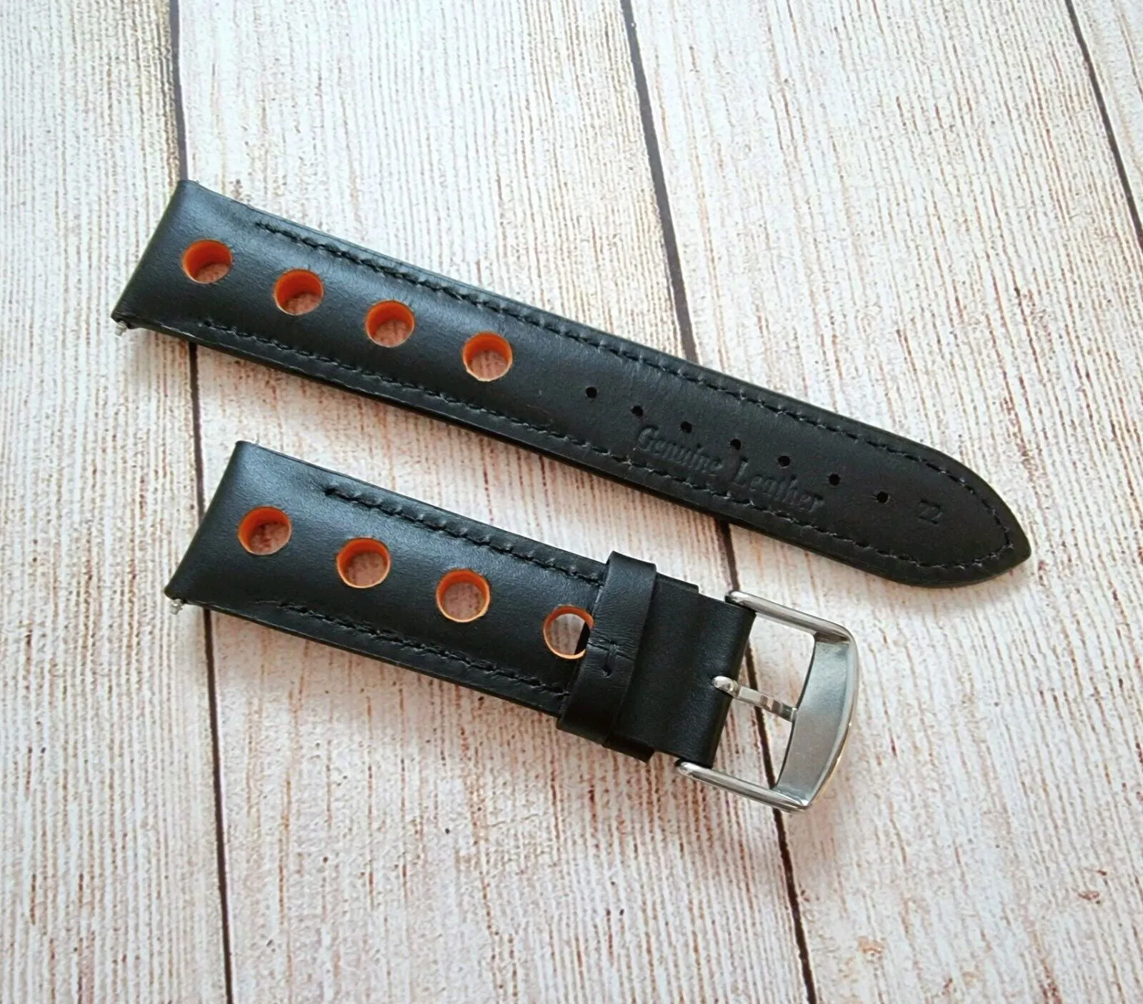 Hole Punched Premium Leather Watch Strap Band 18mm 20mm 22mm 24mm Black Orange