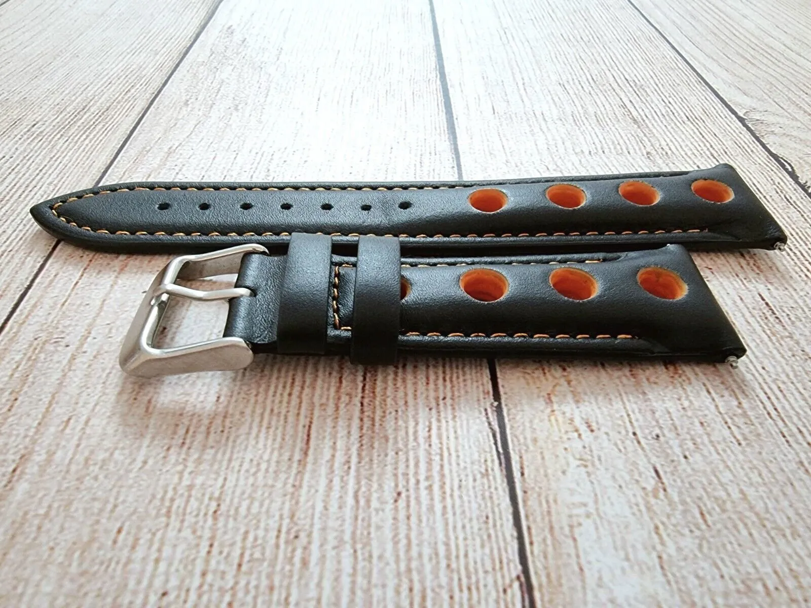 Hole Punched Premium Leather Watch Strap Band 18mm 20mm 22mm 24mm Black Orange