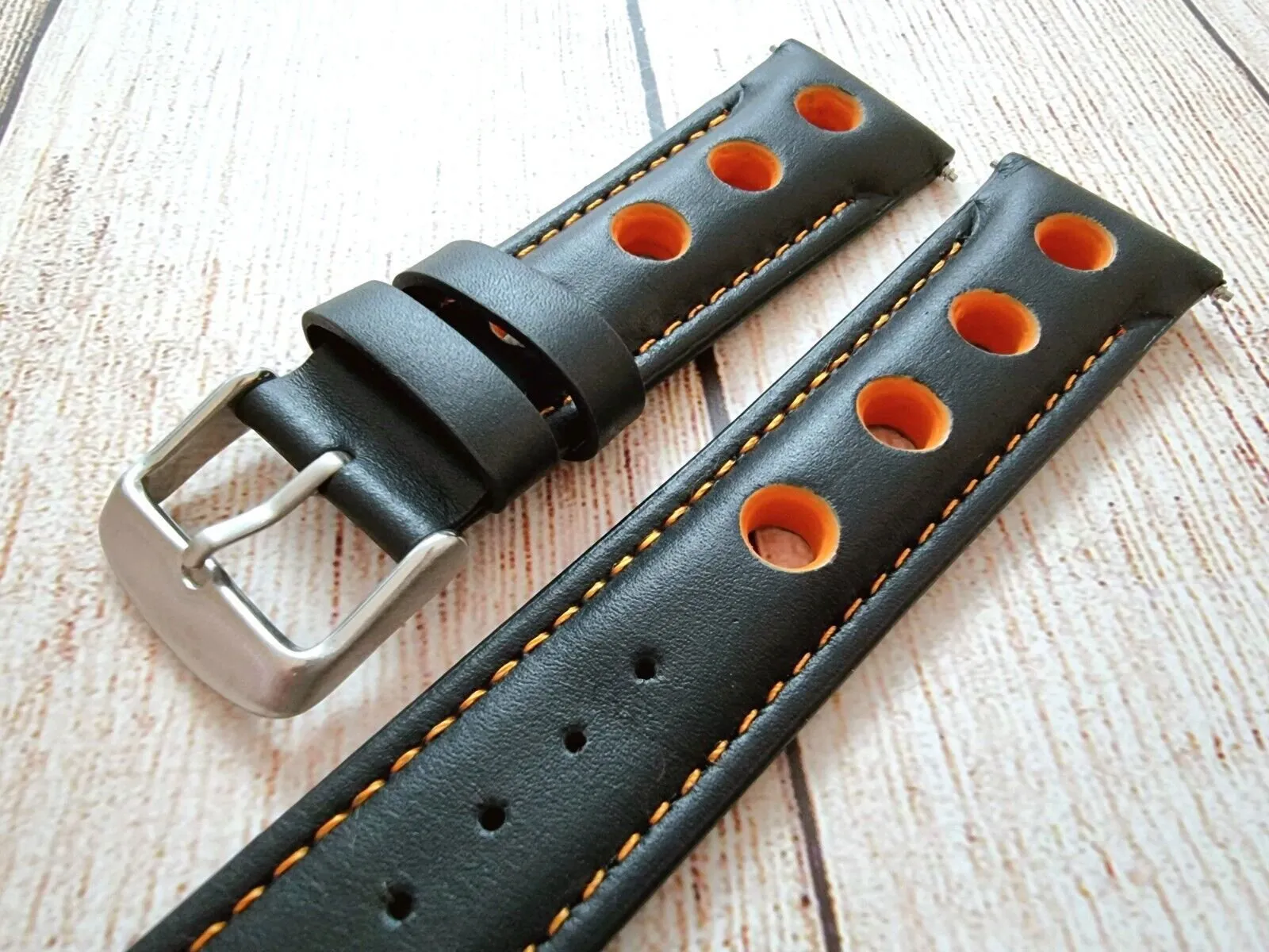 Hole Punched Premium Leather Watch Strap Band 18mm 20mm 22mm 24mm Black Orange