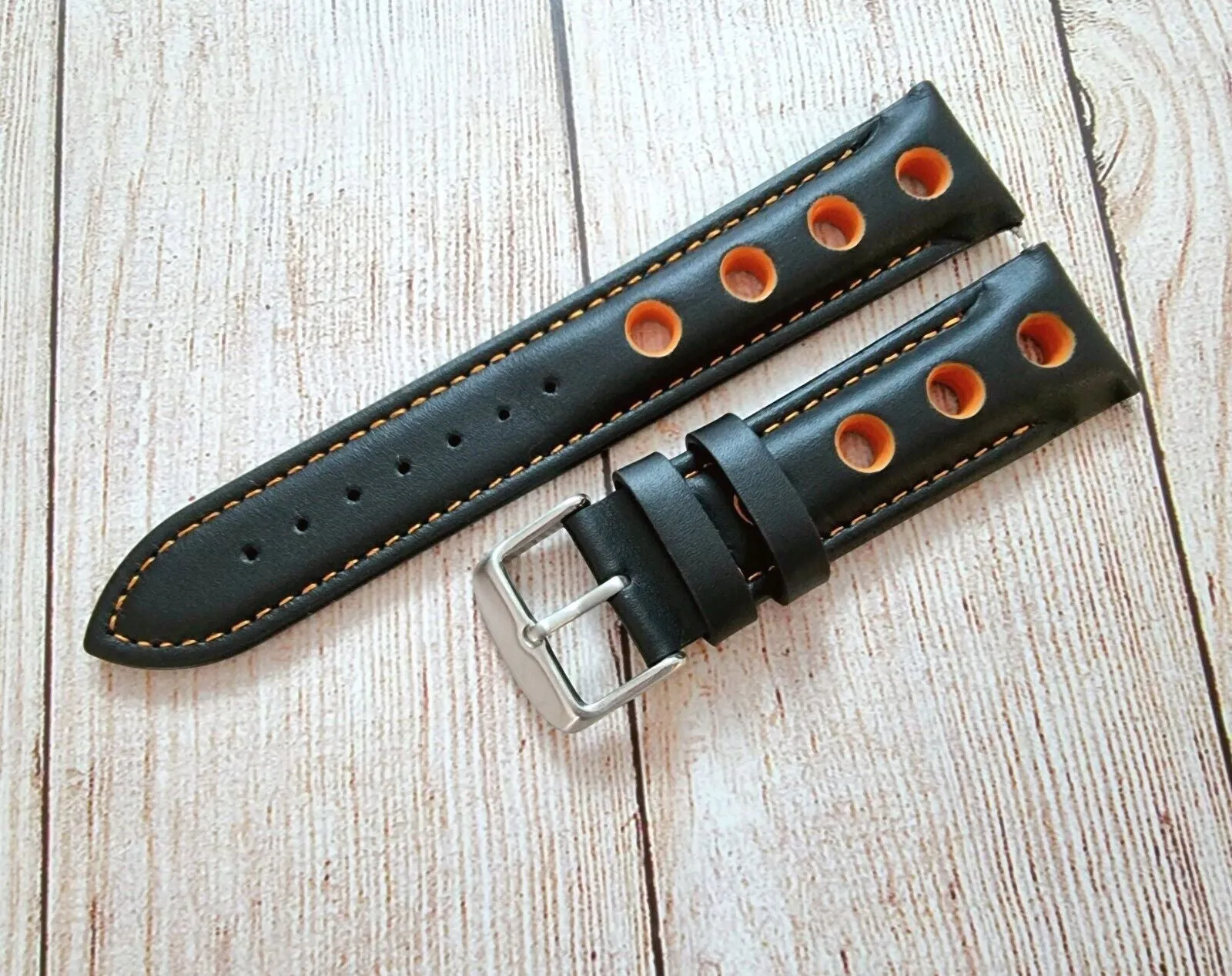 Hole Punched Premium Leather Watch Strap Band 18mm 20mm 22mm 24mm Black Orange