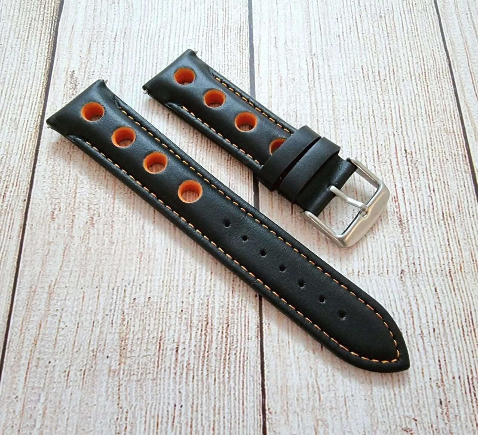 Hole Punched Premium Leather Watch Strap Band 18mm 20mm 22mm 24mm Black Orange