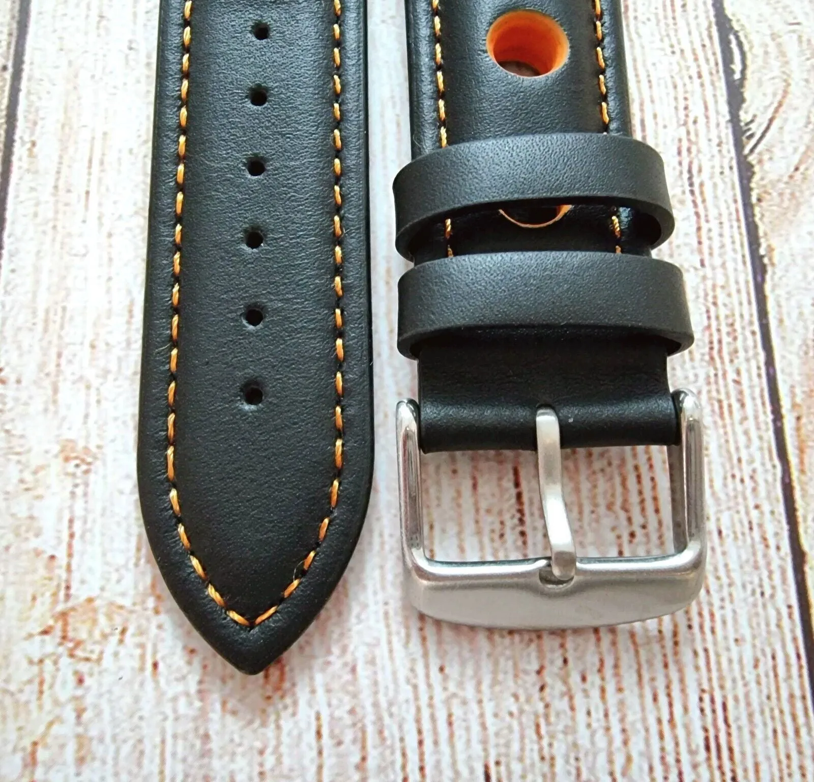 Hole Punched Premium Leather Watch Strap Band 18mm 20mm 22mm 24mm Black Orange