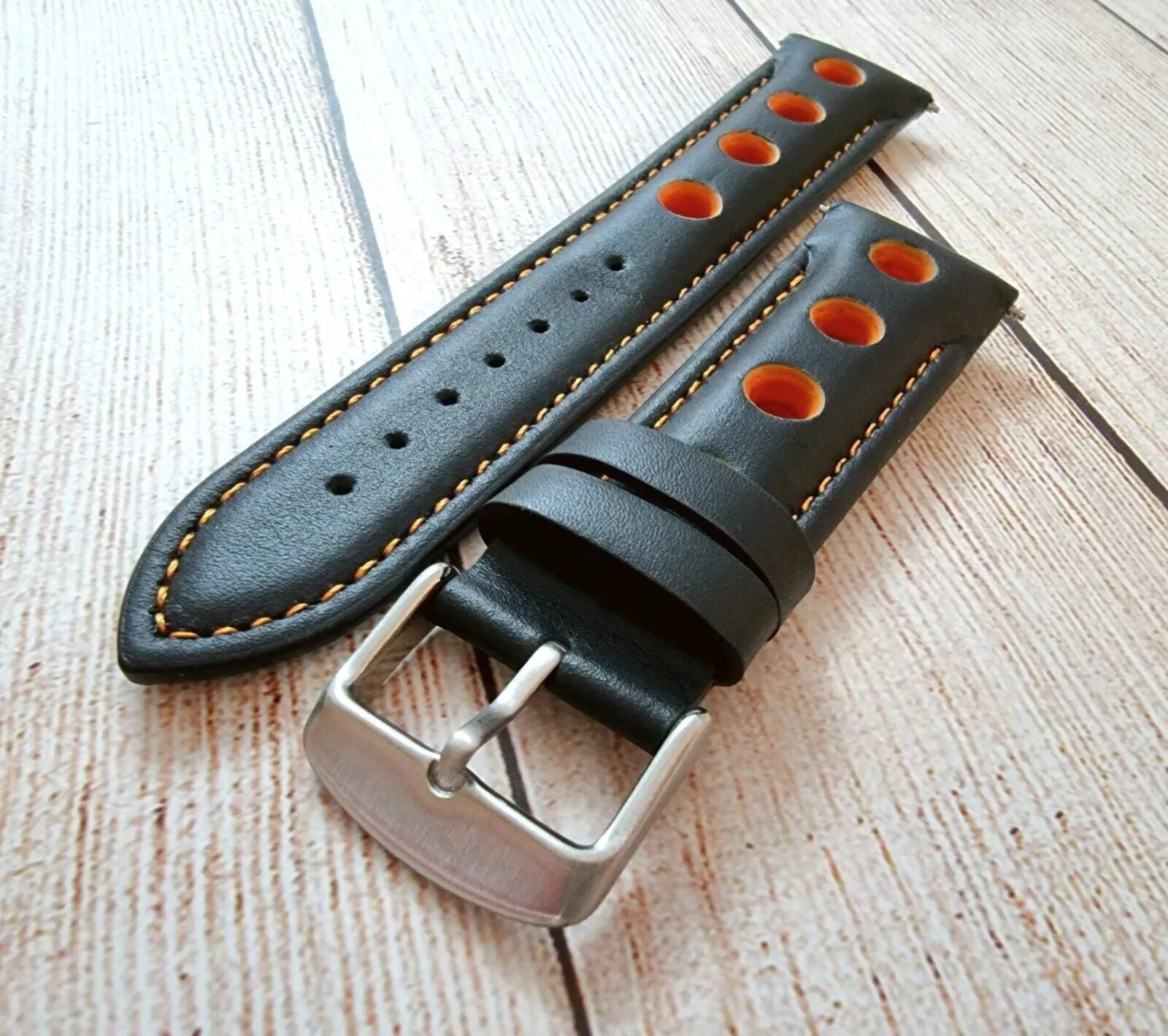 Hole Punched Premium Leather Watch Strap Band 18mm 20mm 22mm 24mm Black Orange