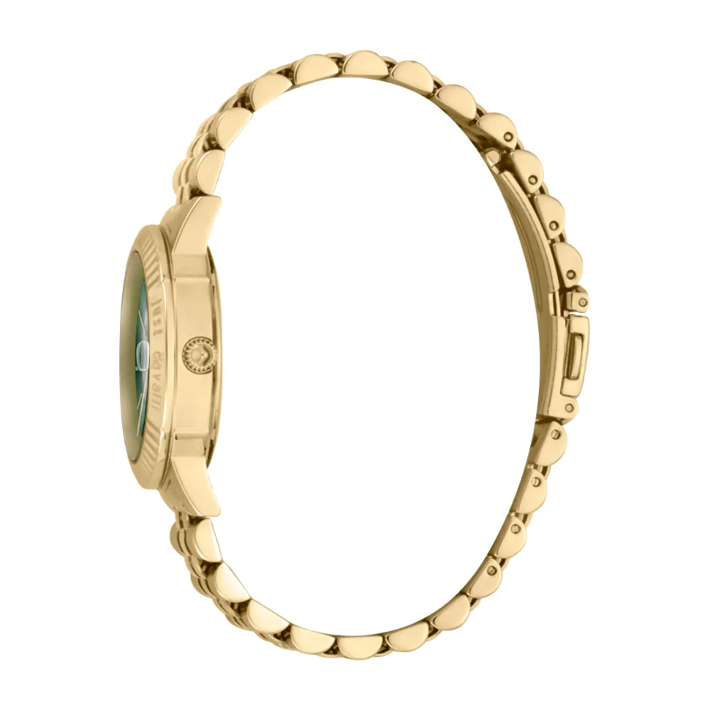 Just Cavalli Women Watch, Gold Color Case, Dark Green Dial, Gold Color Stainless Steel Metal Bracelet