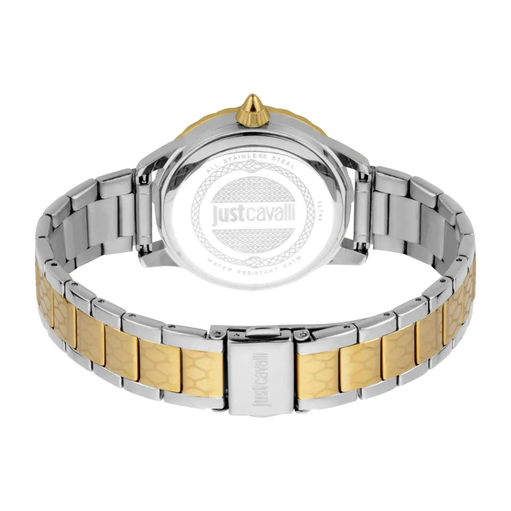 Just Cavalli Women Watch, Two Tone Silver & Gold Color Case, Black Dial, Two Tone Silver & Gold Color Stainless Steel Metal Bracelet