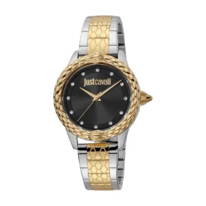 Just Cavalli Women Watch, Two Tone Silver & Gold Color Case, Black Dial, Two Tone Silver & Gold Color Stainless Steel Metal Bracelet