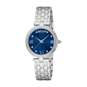 Just Cavalli Women's Silver Color Case Stainless Steel Bracelet Watch with Dark Blue Dial
