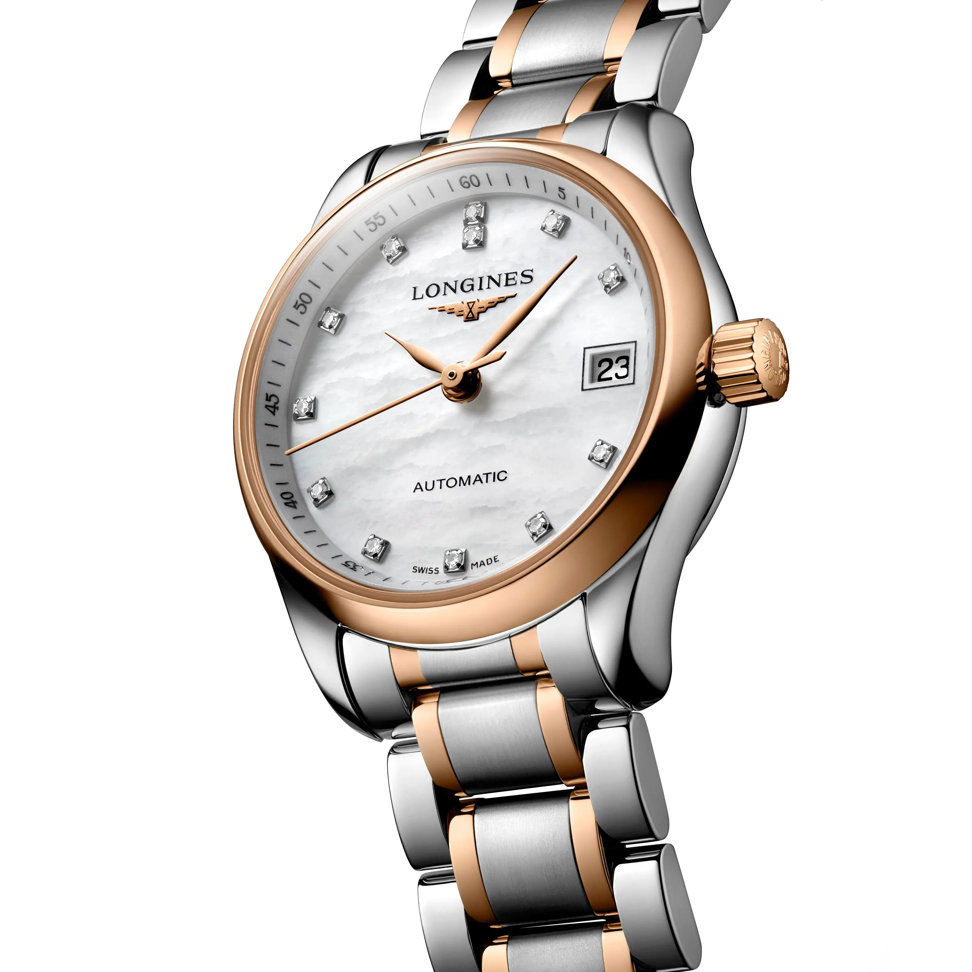 Longines Master Collection 25mm Stainless Steel and 18K Rose Gold Mother-of-Pearl Dial with Diamonds Ladies' Watch