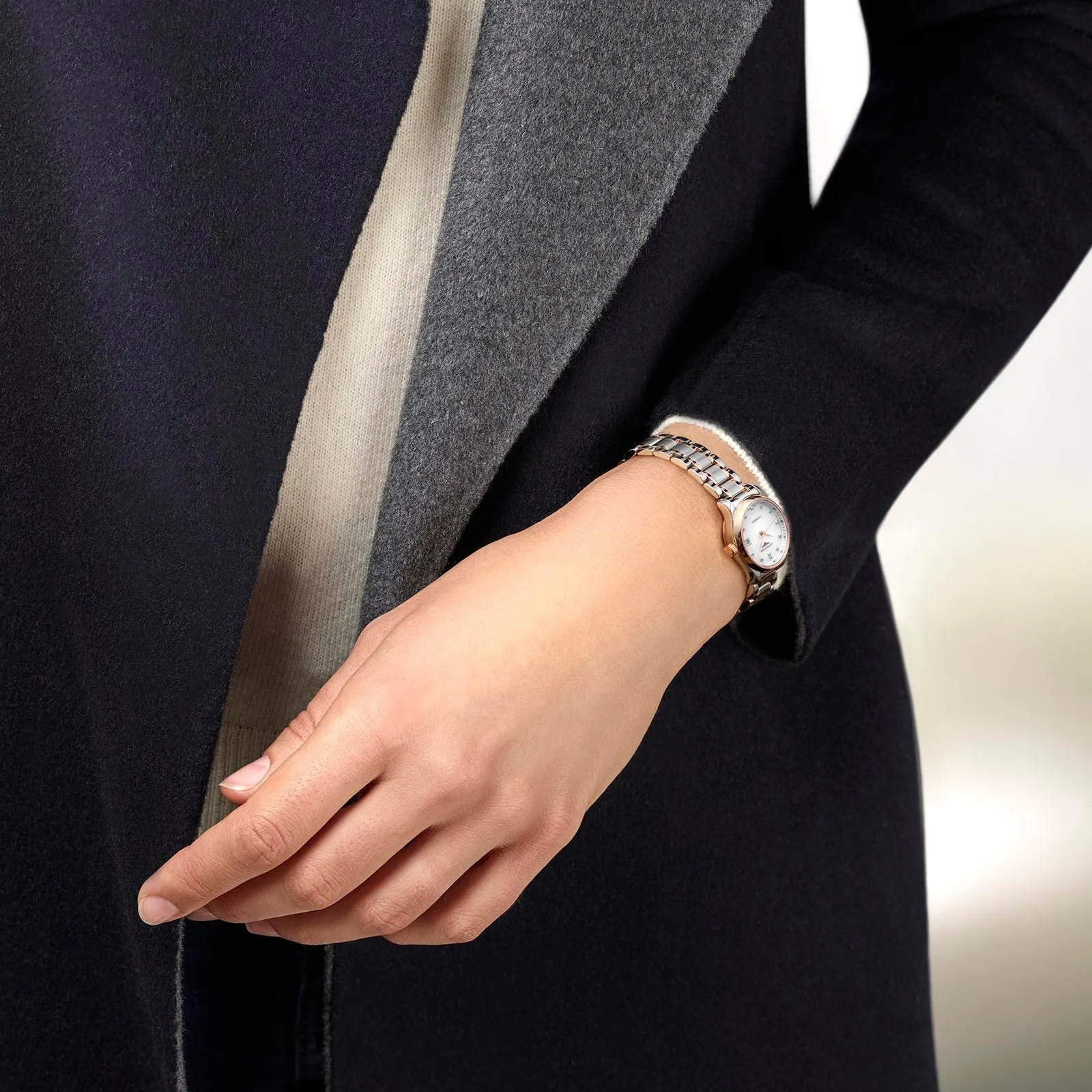 Longines Master Collection 25mm Stainless Steel and 18K Rose Gold Mother-of-Pearl Dial with Diamonds Ladies' Watch