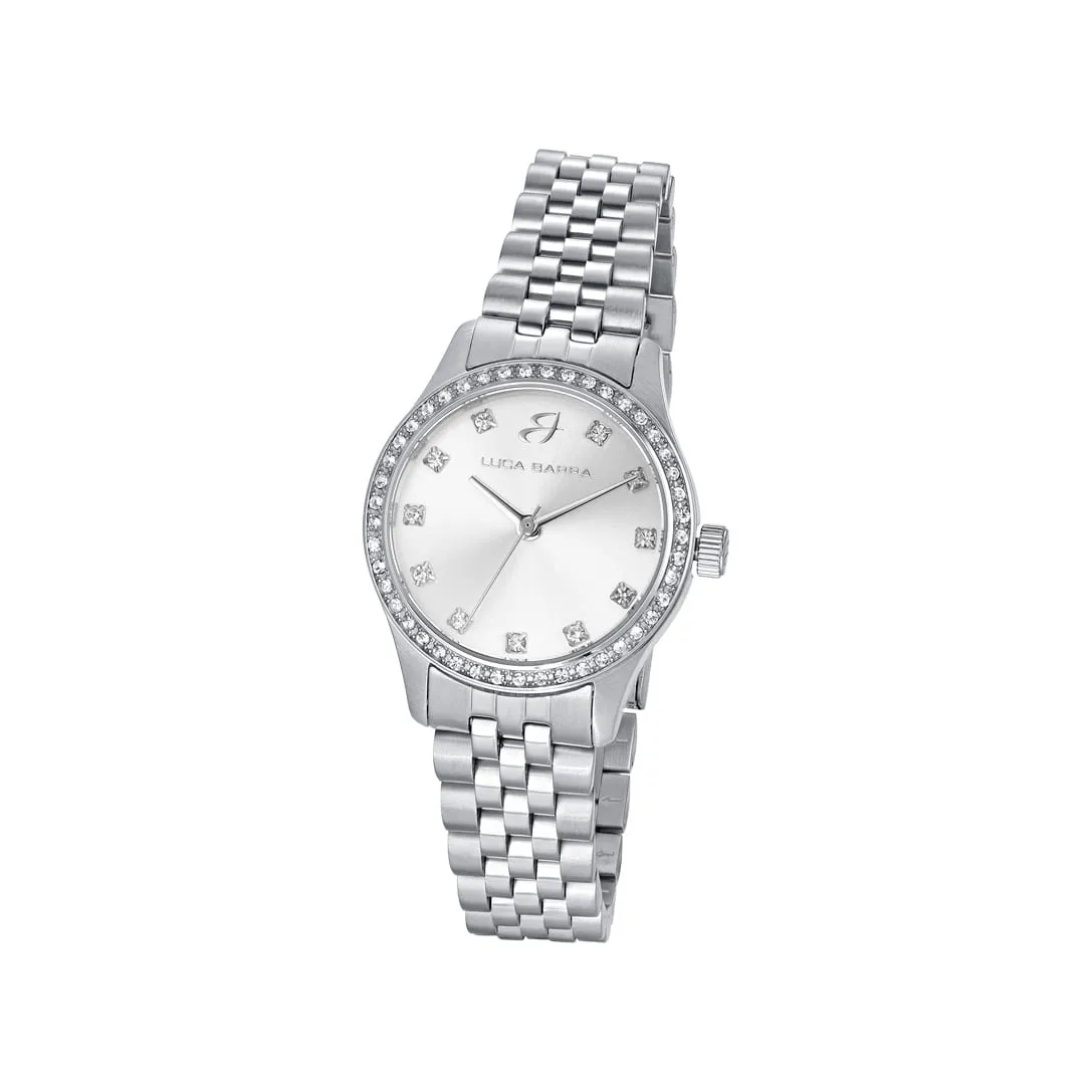 Luca Barra Ladies Stainless Steel Watch with Silver Dial, Bezel with White Crystals