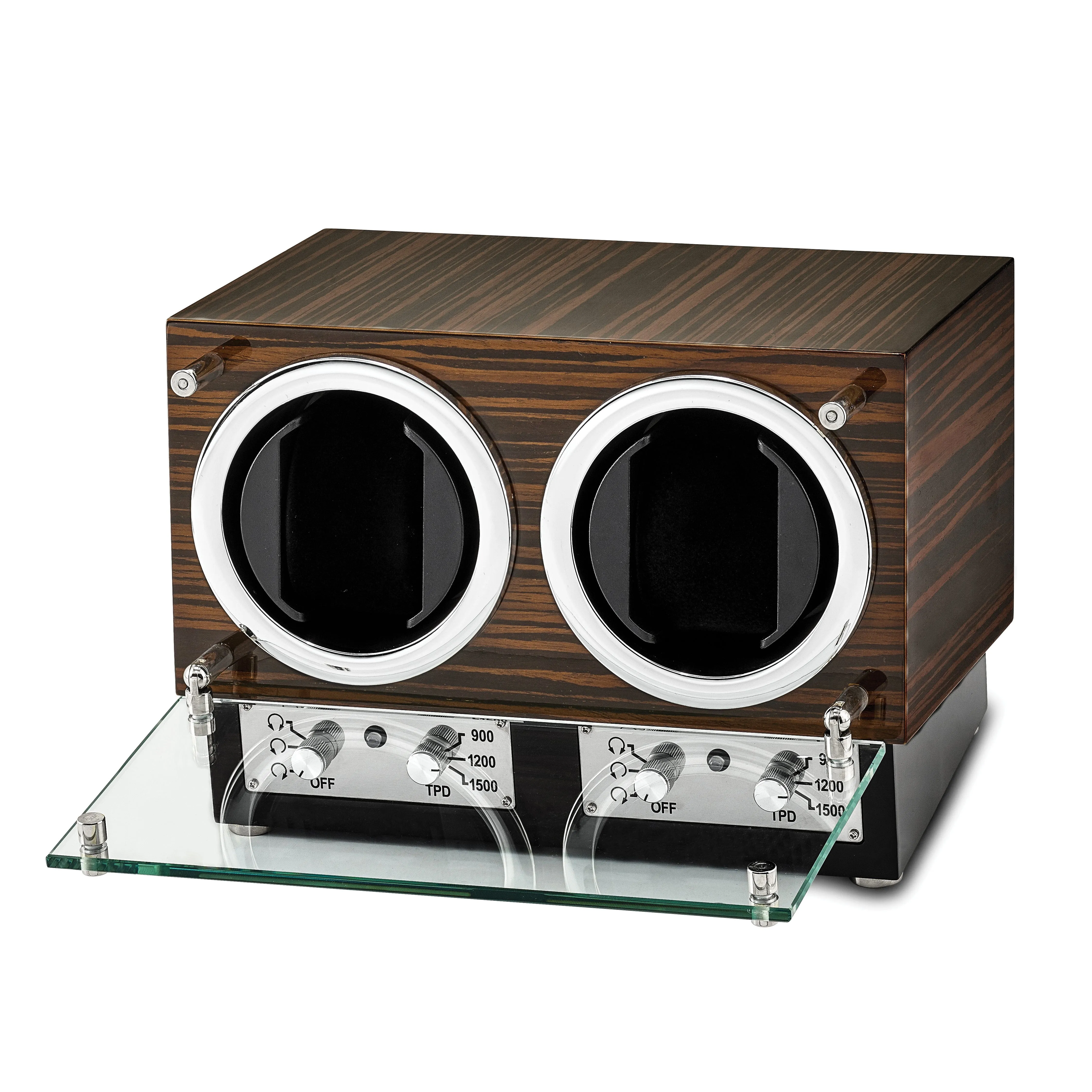 Luxury Giftware Engravable High Gloss Ebony Wood Veneer Glass Door Dual Watch Winder.