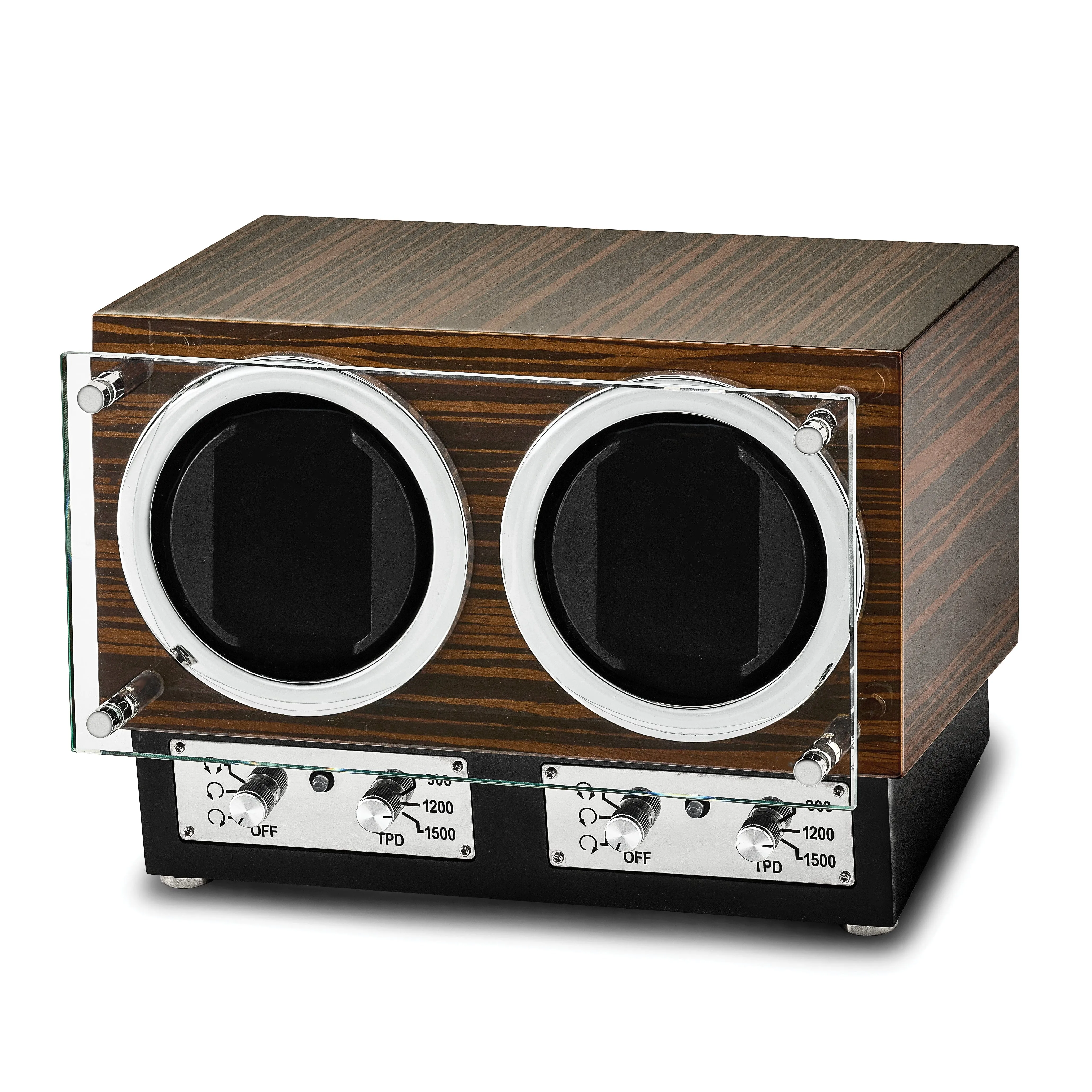 Luxury Giftware Engravable High Gloss Ebony Wood Veneer Glass Door Dual Watch Winder.