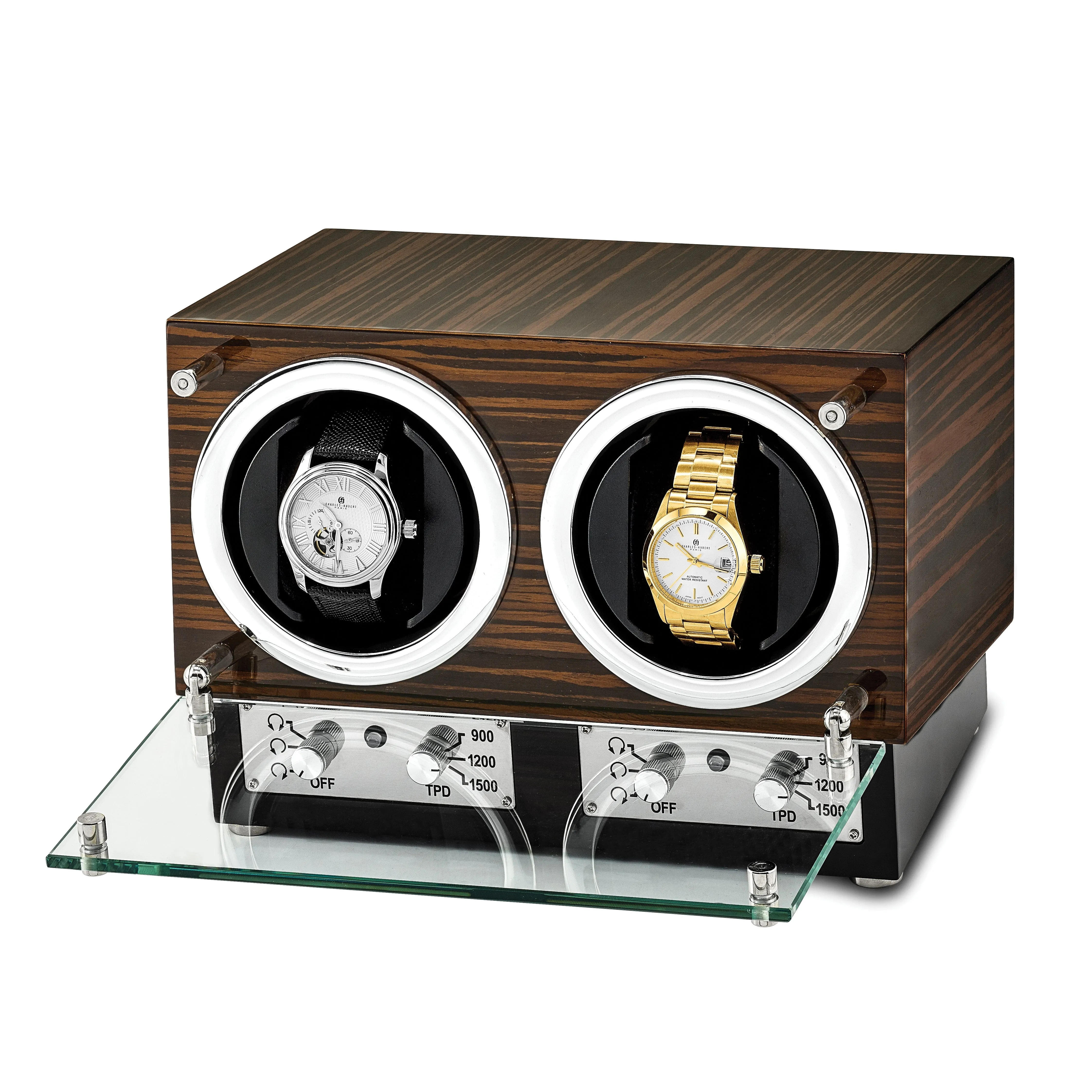 Luxury Giftware Engravable High Gloss Ebony Wood Veneer Glass Door Dual Watch Winder.
