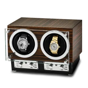 Luxury Giftware Engravable High Gloss Ebony Wood Veneer Glass Door Dual Watch Winder.