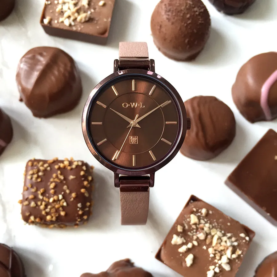 MAYFAIR LADIES MID-SIZE WATCH WITH CHOCOLATE CASE & DUSKY PINK LEATHER STRAP