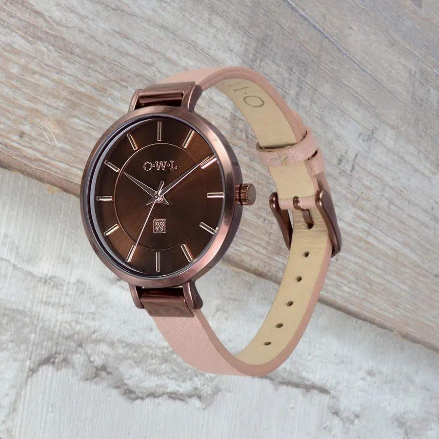 MAYFAIR LADIES MID-SIZE WATCH WITH CHOCOLATE CASE & DUSKY PINK LEATHER STRAP