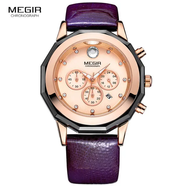 Megir Women's 24-hour Chronograph Red Leather Strap Quartz Watches with Luminous Hands Waterproof Wristwatch for Woman Date 2042