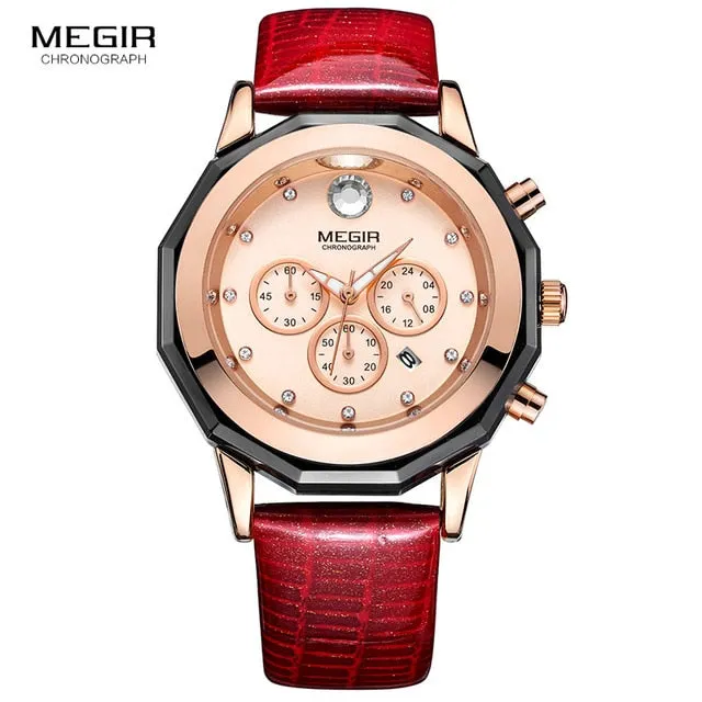 Megir Women's 24-hour Chronograph Red Leather Strap Quartz Watches with Luminous Hands Waterproof Wristwatch for Woman Date 2042