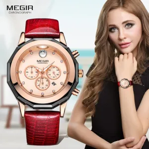 Megir Women's 24-hour Chronograph Red Leather Strap Quartz Watches with Luminous Hands Waterproof Wristwatch for Woman Date 2042