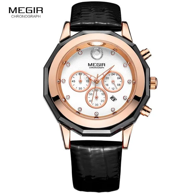 Megir Women's 24-hour Chronograph Red Leather Strap Quartz Watches with Luminous Hands Waterproof Wristwatch for Woman Date 2042