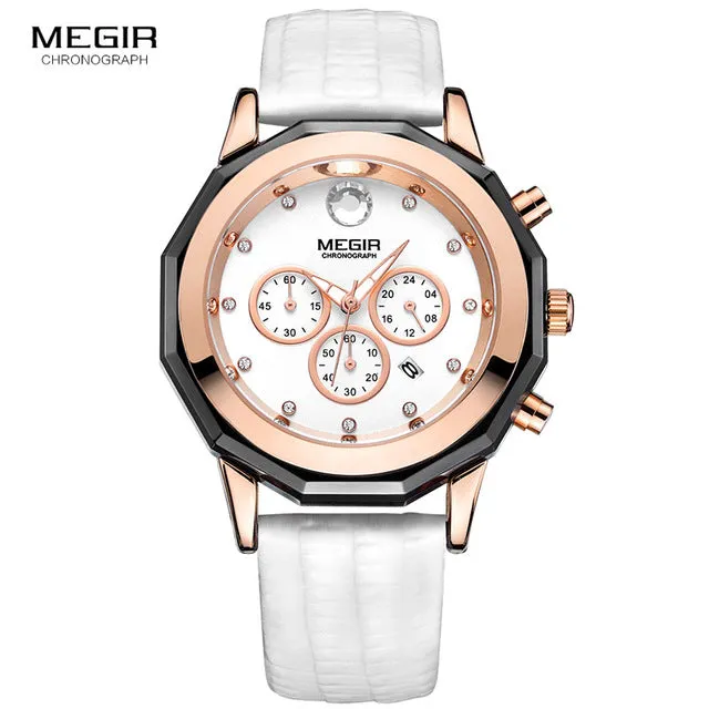 Megir Women's 24-hour Chronograph Red Leather Strap Quartz Watches with Luminous Hands Waterproof Wristwatch for Woman Date 2042