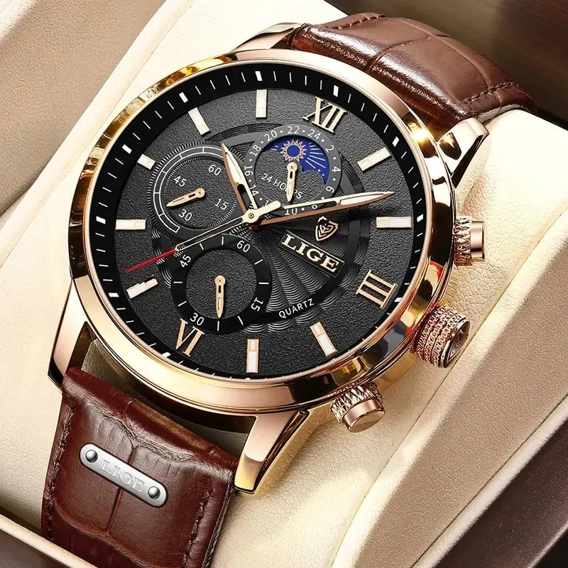 Men Watches - LIGE Luxury Leather Casual Quartz