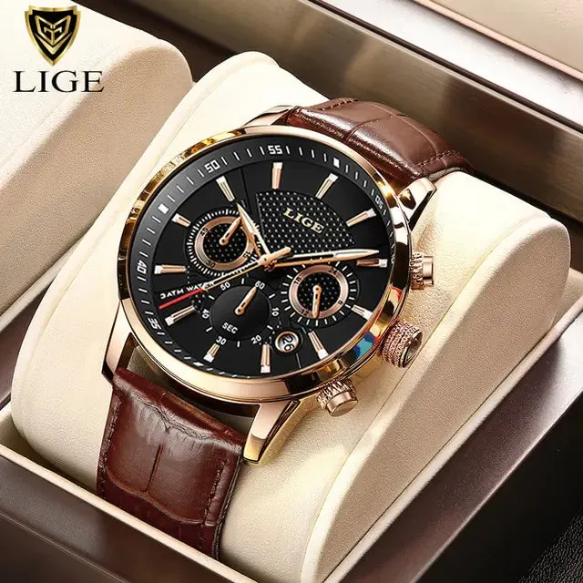 Men Watches - LIGE Luxury Leather Casual Quartz