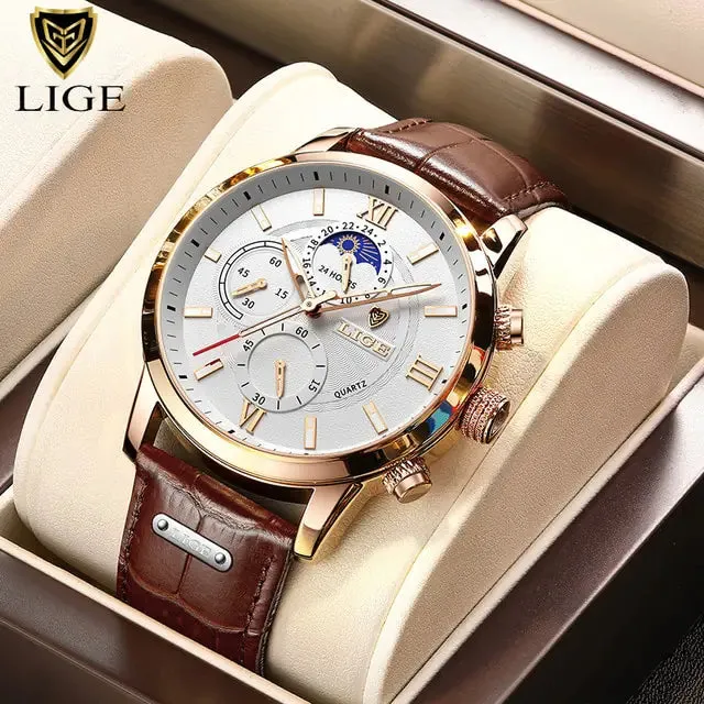Men Watches - LIGE Luxury Leather Casual Quartz
